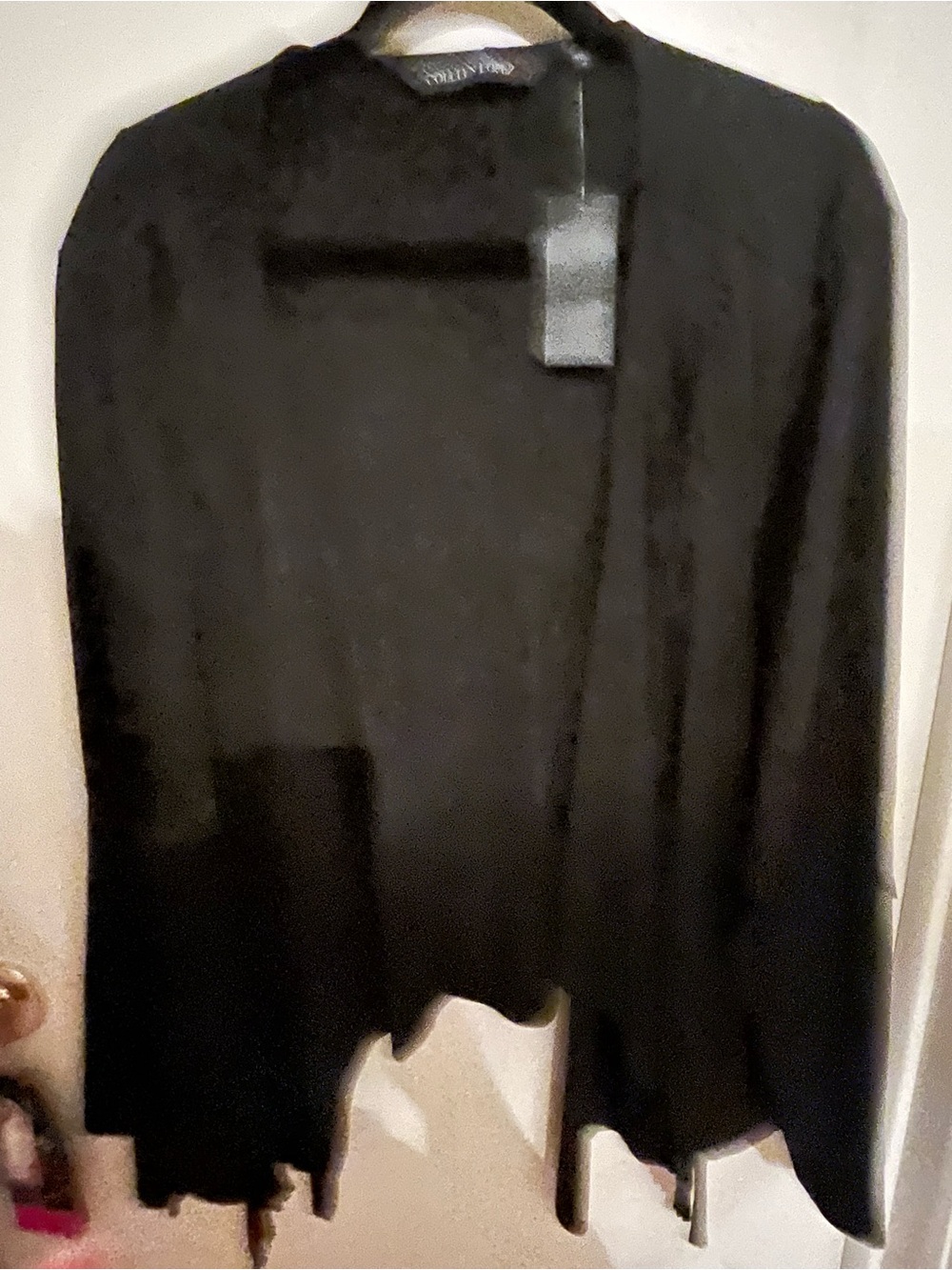 Black Open-Front Draped Faux Suede Fringe Jacket, 2x